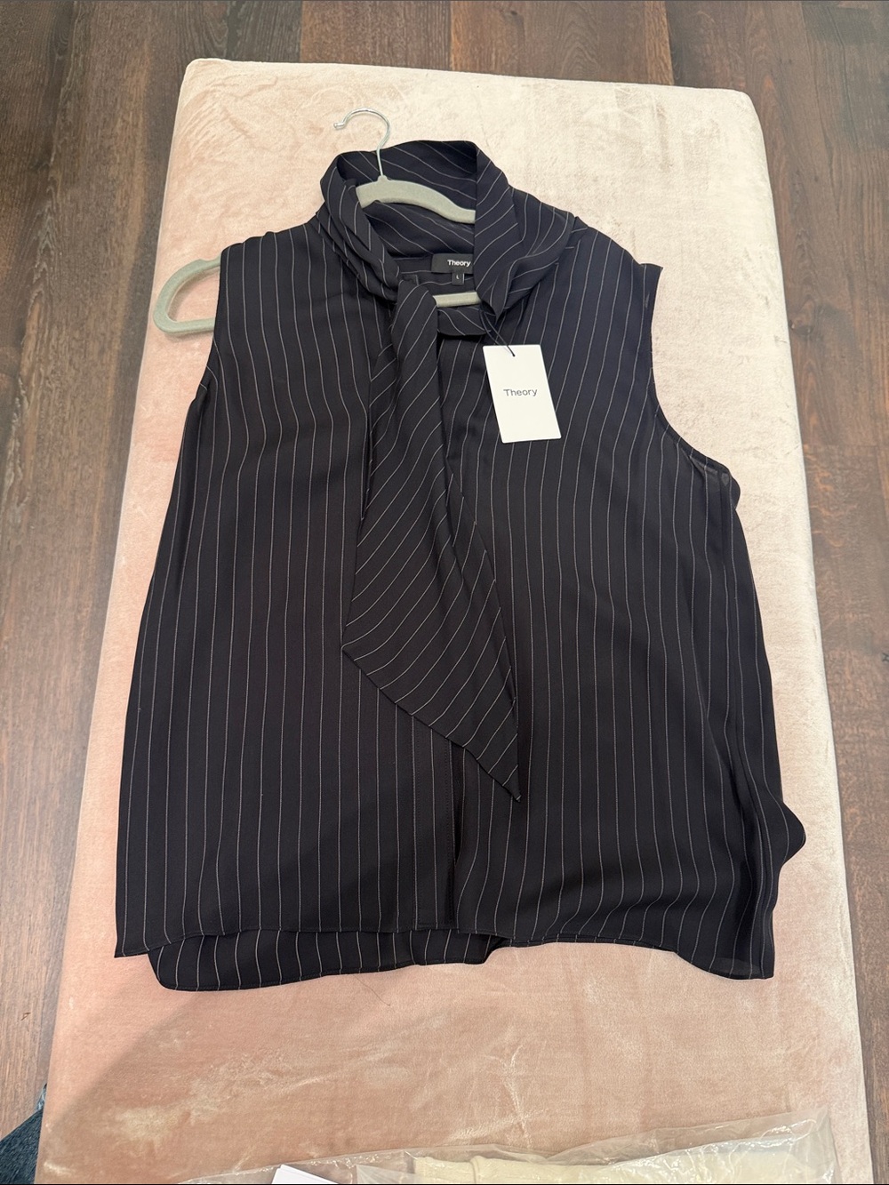Theory dark navy almost Black Pinstriped Sleeveless Tie-Neck Camisole Top